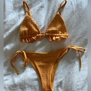 Montce Swimwear Ruffle Tri Bikini Top and Bottoms in Mari Scrunch.